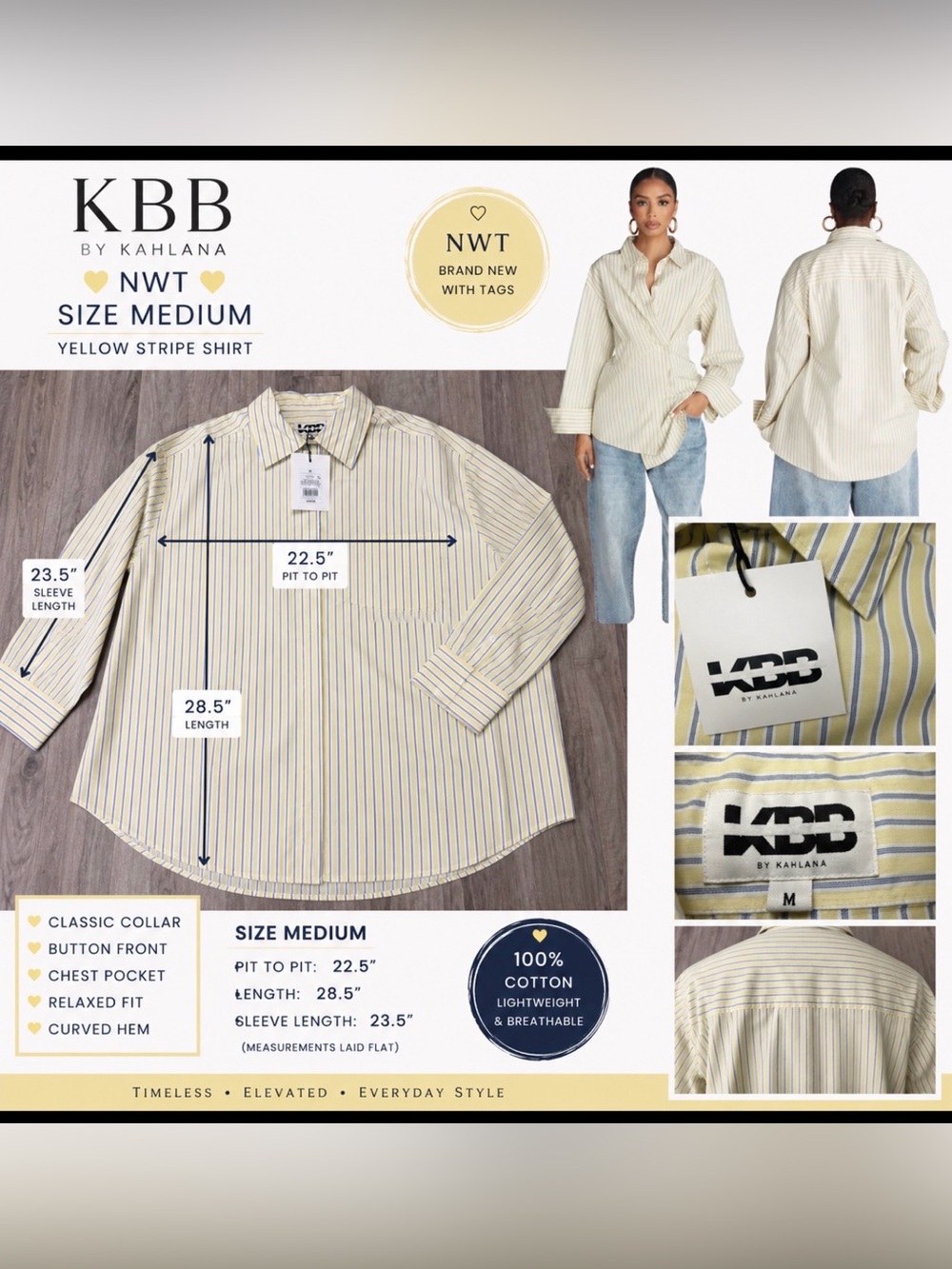 KBB by Kahlana Yellow Blue Stripe Oversized Button Down Shirt Size M NWT